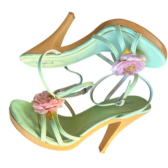 Qupid High Heel Sandals Womens 10 Mint Faux Leather Floral Open Toe - Picture 7 of 12